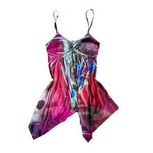 Vtg Pink Abstract Floral Babydoll Cami Top Y2K Grunge Sharkbite S asymmetrical